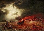 marcus larson Nattlig marin med brinnande fartyg oil painting artist
